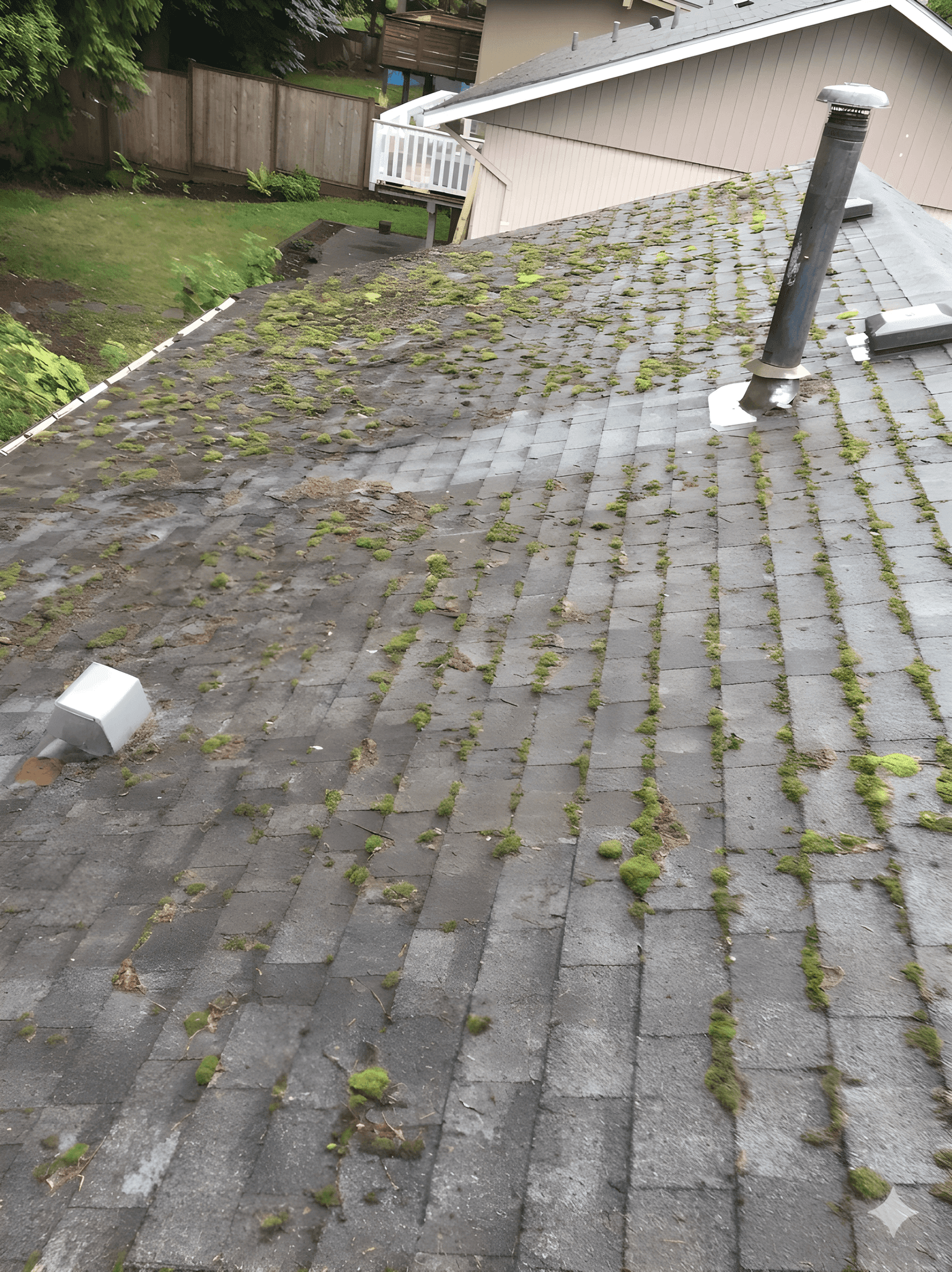 Before: roof staining and moss patches